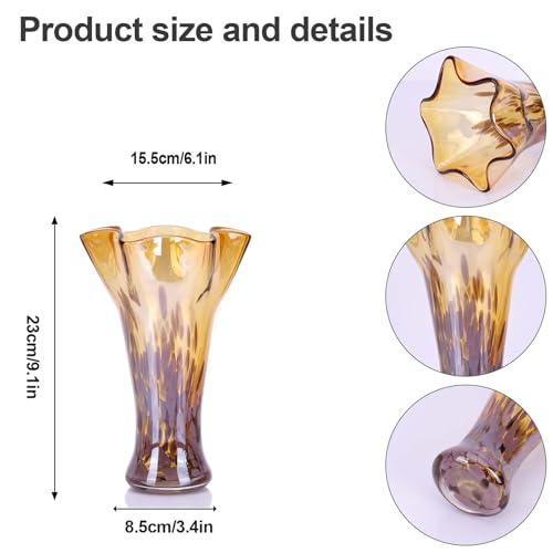 9.1H Murano Hand Blown Glass Vase, Ruffled Scalloped Rim Trumpet Shape, Wide Mouth Colorful Decorative Glass Vase, Sculptural Art Centerpiece for Living Room Table, Bathroom, Office Shelf (Amber Gold) - color: Amber Gold
