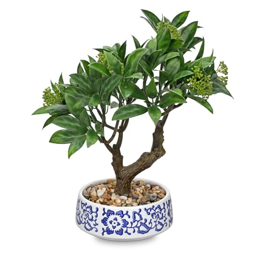 Artificial Bonsai Tree, Small Bay Laurel Bonsais Tree 13" Indoor Bonsai Trees Fake Potted Plant Decorative Fake Desk Plant Decor with Blue & White Ceramic Pot for Home Office Living Room Table Shelf - style: Modern
