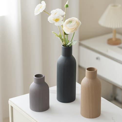 Modern Ceramic Vases Set of 3, Black Ribbed Decorative Vases, Shelf Table Centerpiece for Home Decor, Birthday Gifts for Women, Mom, Grandma Decorative (Black Mix) - color: Black Mix