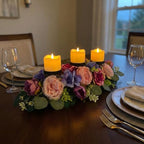 Svndlyn 25 Inch Artificial Floral Centerpiece with 3 Candle Holders Peony & Rose Arrangement for Dining Room Table Pink Purple & Blue Spring Decor (Fits 3" Candles, Candles Not Included)