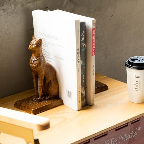 Book Ends Retro Cat Decorative Bookends, Vintage Antique Heavy Duty Egyptian Cat Hold Books Collectors, Black Decor for Office/Shelves/Living Room Father (Wood Grain) - color: Wood Grain