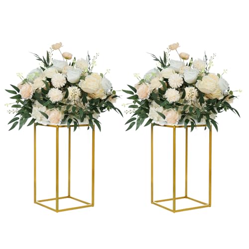 YALLOVE 2 Pack 15.75 Inch Gold Wedding Flower Stand Metal Vase Column Stand Geometric Centerpiece Vase for Home Party Wedding Decorations, Rectangular Flower Display Rack - size: 15.75 Inch