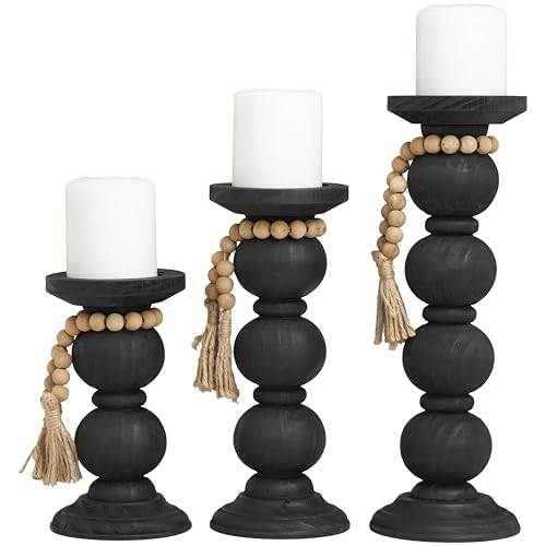 Deco 79 Wood Handmade Decorative Candle Holder Bubble Inspired Matte Candle Stand with Beaded Garland Accent, Set of 3 Candlestick Holder 15", 12", 9" H, Black