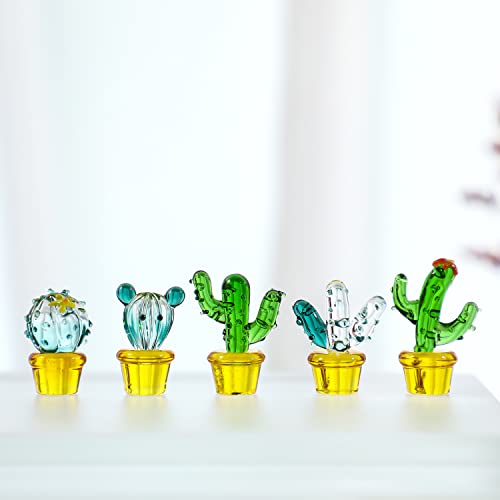 5pcs Glass Cactus Art Hand Blown Figurines Glass Miniature Cactus Simulation Desert Plants Collectibles Home Table Decoration Ornament - color: Cactus 2*
