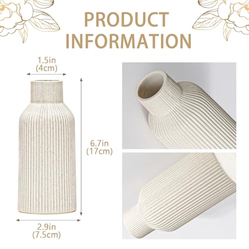 Bohemian Beige Ceramic Vase - for Pampas Grass, Mantel, Bookshelf, Entryway and Living Room Decor (Beige, 7in) - color: Beige, size: 7in