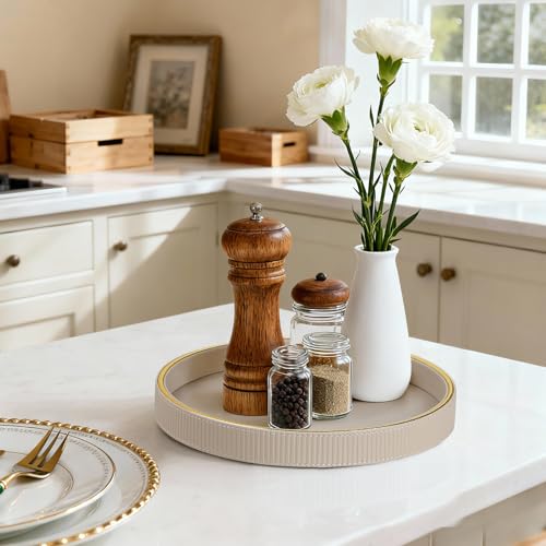 Round Decorative Tray for Coffee Table Decor, PU Leather Coffee Table Tray Golden Trim for Home Decor Living Room Dining Table, Perfume Trays Nightstand Organizer (Beige) - color: Beige