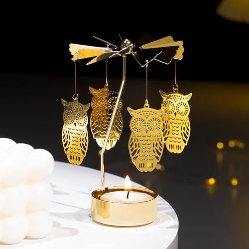 Spinning Candle Holder, Gold Tea Lights Candle Holder Owl Carousel Candle Spinner, Rotating Metal Candle Holders for Table Centerpiece Owl Tealight Holder for Christmas Festival Home Decor - color: Owl