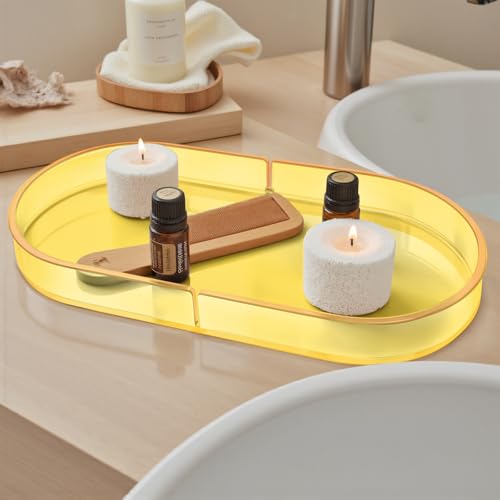 Acrylic Decorative Vanity Tray Perfume Jewelry Trinket Tray for Bathroom Counter Soap Toilet Tank Sink Small Candle Catch All Organizer, 12.6x6.3 Inches, Neon Yellow - color: Neon Yellow