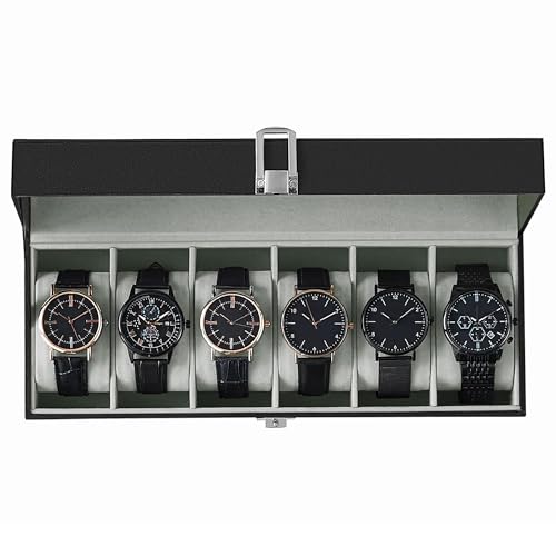SONGMICS Watch Box, 6-Slot Watch Case Organizer with Large Glass Lid, Removable Pillows, Gift for Loved Ones, Black Synthetic Leather, Greenish Gray Lining UJWB06BK - color: Black + Gray, size: 6 Slot