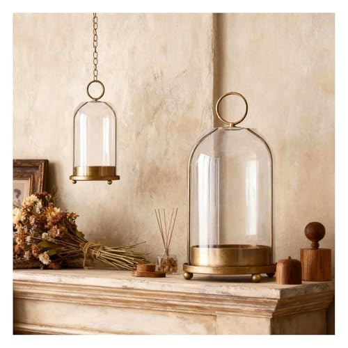 Large & Small Cloche Glass Dome Candle Holders - Glass Hurricane Candle Holder,Gold Candlestick & Lanterns Set of 2 Can Be Placed Desktop Hung,for Pillar Candles,Plants Decorative