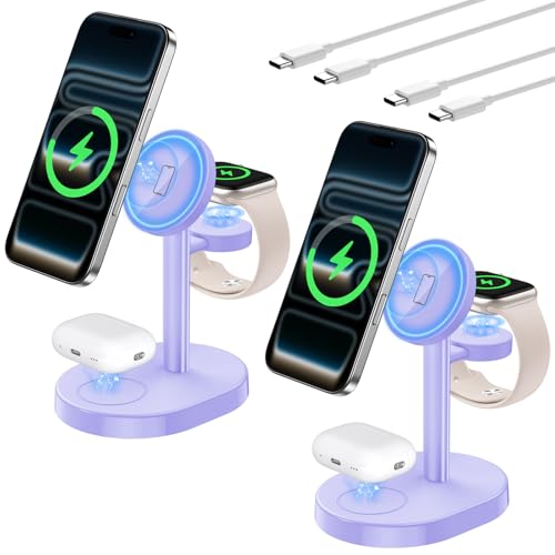 Hevanto 2026 3 in 1 Wireless Charging Station for Apple MagSafe Charger, 15W Fast Magnetic Mag-Safe Charger Stand for iPhone 17 16 15 14 13 12 Watch AirPods, 2 Pack(Adaptor Not Included) - color: 2Pack_MagPurple