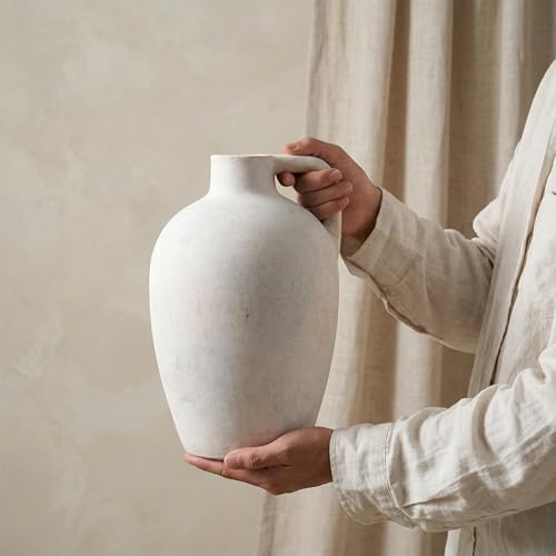 Ceramic Flower Vase with Handles,10" Neutral Tall Clay Beige Terracotta Vases Farmhouse Table Vases with Handle Living Room Decor Rustic Pottery Pots for Home Shelf Coffee Dining Desk Fireplace - color: C-10"h-antique Beige