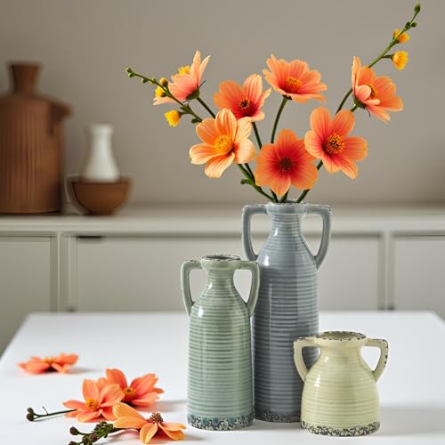 Ceramic Vase Set of 3 - Farmhouse Vase Set for Modern Decoration, Rustic Crackle Round Vases for Home Decor, Dining Table, Living Room, Kitchen, Office, Shelf - Multicolor - color: 105