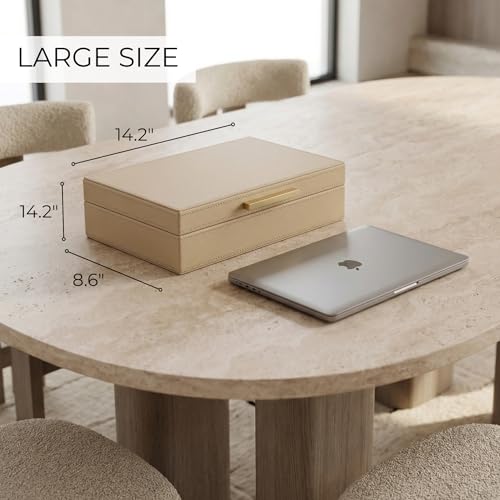 ZICOTO Decorative Storage Boxes with Lids – Set of 2 Beautiful PU Leather Organizer Bins for Your Bookshelf Home Decor - Safely Store Photos, Documents and Memory Box Keepsakes in Style - color: Beige