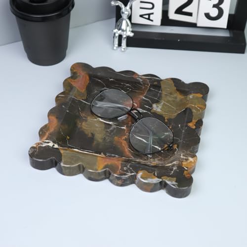Square Marble Decorative Tray with Scalloped Edge, Luxury Natural Stone Bathroom Vanity Tray, Dresser Top Perfume Coffee Home Kitchen Sink Tray, Key Trinket Ring - color: Black Golden