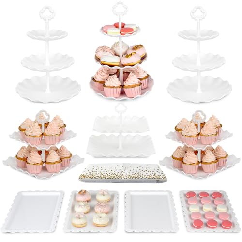 Pack of 10 NWK Cake Stand Set, with 3 x Two-Tier and 3 x Three-Tier Cupcake Stands, 4 x Appetizer Trays, 1 x Tablecloth for Birthday Bridal Baby Shower Party (White) - color: White