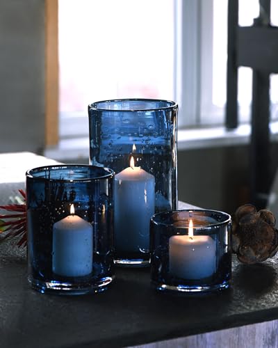 ARIAMOTION Glass Hurricane Candle Holders Bulk for Pillar Blue Seeded Bubbles Cylinder Table Centerpiece Modern Rustic Vases Home Decor 10" 7" 4" Set of 3 - color: Bubbles Blue, size: H10", H7", H4" Set of 3