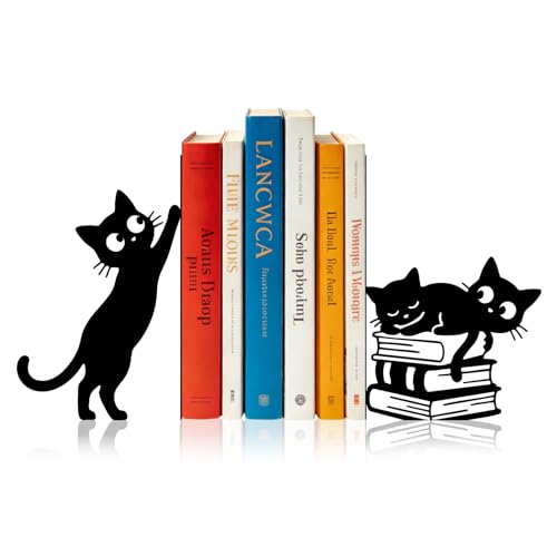 Sanwarm Metal Bookends Cat Black Whimsical Book Ends Decorative Bookend for Home Office Library Desk Book Shelves Decor, Gift for Reading Enthusiasts Non-Skid Book Stoppers Holder (1 Pair) - color: Black Cat 4