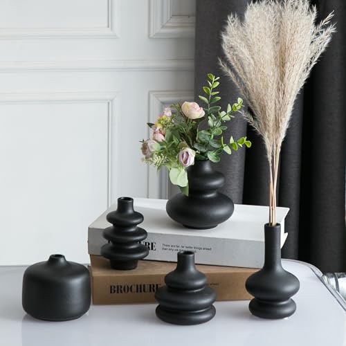 JOJUNO Black Bud Vases, Small Ceramic Vase Set of 5, Mini Pottery Vases for Flowers, Decorative Vases for Home Modern Decor, Boho Decor, Chic Vases for Living Room Dining Table Shelves - color: Black