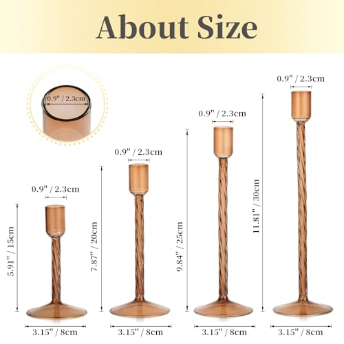 Hewory Glass Taper Candle Holders: 4 Pcs Brown Vintage Candlestick Holders Tall Candle Sticks Holder Decor, Glass Candle Holder for Table Centerpiece Wedding Christmas Advent Holiday Party Decorations - color: Brown