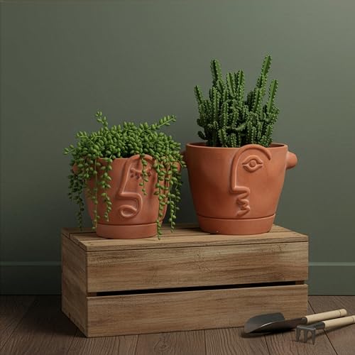 HERDUK 6 Inch Terracotta Abstract Face Planter with Drainage & Saucer – Artistic Ceramic Flower Pot for Indoor Plants, Boho Home Decor, Unique Gift for Plant & Art Lovers - size: 6 Inch