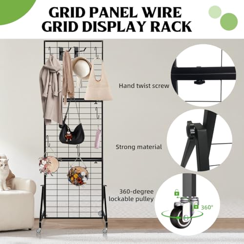 Heavy Duty Foldable Grid Wall Panels Display Stand 6FT x 2FT, 1-Pack Grid Panel Wire Grid Display Rack with Braked Wheels & 20 Hooks, No Tools Setup Gridwall for Art Fairs, Craft Shows & Home Storage