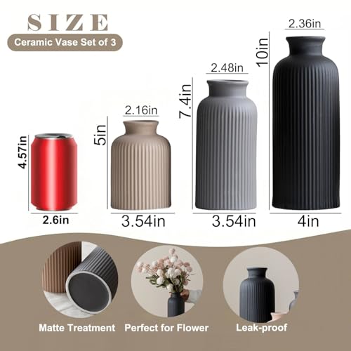 Large Modern Ceramic Vase Set, Black Ribbed Matte Finish, 3-Piece Decorative Vases for Home Living Room Office, 10 inch Tall, 4 inch Width (XL Black Mix) - color: XL Black Mix