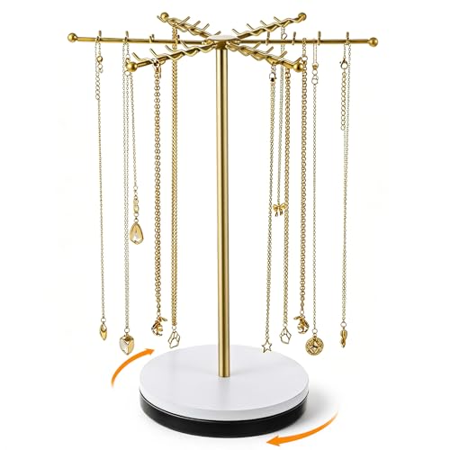 Rotating Necklace Holder Organizer with 48 Hooks, Gold Necklace Organizer, Metal Necklaces Tree Stand, Freestanding Necklaces Hanger, Rotatable Chain Display Carousels, for Earring Keychains Bracelet