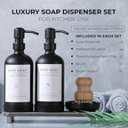 [Luxury] Kitchen Soap Dispenser Set - 16OZ Black Glass Bottle, Stainless Steel Pump, Instant Dry Tray, Waterproof Labels, Non-Slip Silicone Pad, and Dish Brush | Upgrade for Your Kitchen and Bathroom - color: Black Bottle + Black Pump