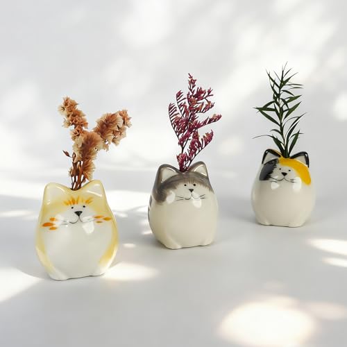 MOUGIGI 3PCS Mini Flower Vases–Unique Small cat vase-Cute Ceramic Bud Vases for Single Stem Flowers & Cat Whisker-Home Decor for Desks & Bookshelves-Ideal Gift for Cats Lovers & Flower Enthusiasts - color: 3 Pcs Painted Cat Vase