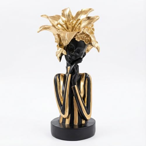 Lescafita African Woman Art Sculpture with Gold Floral Crown, Exquisite African Statue, Emotional Modern Home Art Gift for Various Settings Such as Home, Bookshelves, desks, or Offices(10.83 inch - color: 711-gold M