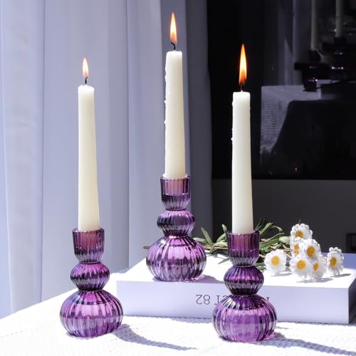 Woho Purple Candlestick Holders Set of 3 for Halloween Decorations, 4.3" H Ribbed Glass Taper Candle Holders Bulk for Wedding Table, Vintage Candle Sticks Holder Decor for Birthday Party/Home Decor - color: Purple