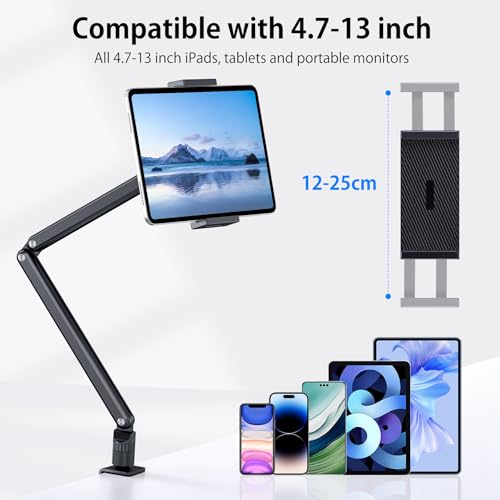 Tablet Stand Holder, Aluminum iPad Desk Mount Bracket, Tablet Arm Mount Holder with 360°Rotating Metal Base, Fits for iPad Air Pro Mini, Phones, Samsung Galaxy, Kindle, All 4.7-13 Inch Devices - size: High - Two Arm Mount