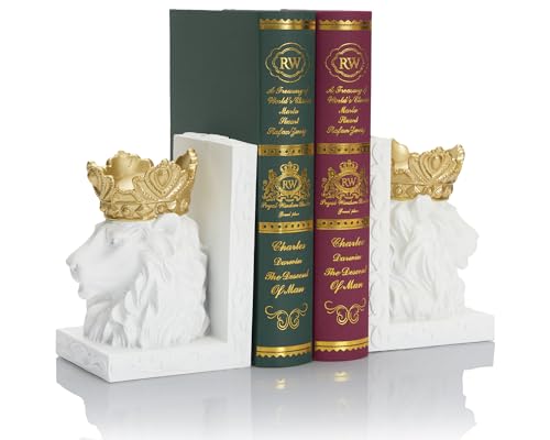 White Lion Head Bookends with Regal Design, Solid Resin for Heavy Duty Book Support, Non-Slip Pads for Stability, Gift for Lion Enthusiasts Collectors - color: White
