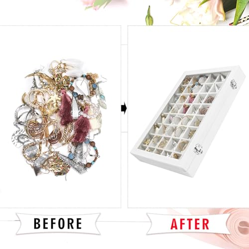 Siveit Velvet Jewelry Tray 48 Grid Jewelry Display Tray Organizer Box with Transparent Lid Rings Earrings Necklaces Pendants Display Box Suitable for Women and Girls (Ivory) - color: Ivory