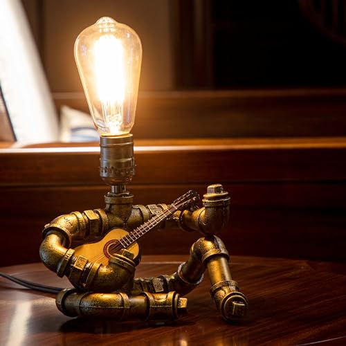 Music Guitar Table Lamp,Steampunk Table Lamp,Retro Guitars Steampunk lamp,Cool Industrial Metal Tube Robot Lamp Gifts for Music Lovers - color: Bronze/With guitar