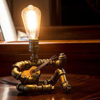 Music Guitar Table Lamp,Steampunk Table Lamp,Retro Guitars Steampunk lamp,Cool Industrial Metal Tube Robot Lamp Gifts for Music Lovers - color: Bronze/With guitar