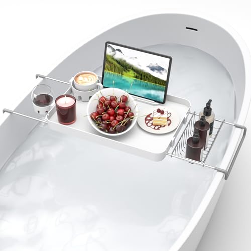 Bathtub Tray for Large Soaking Tub Table Tray Expandable Tub Shelf for Bathtub Caddy Bath Shelf Over Tub Luxury Bath Board Book Holder with Removable 2 Cup Holder Phone Metal Shower Caddy Basket White