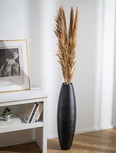 Sziqiqi Black Tall Floor Vases: 27.5in Metal Extra Large Decorative Vase for Pampas Grass Fake Plant Dried Flowers - Detachable Ribbed Big Standing Vase for Living Room Indoor Fireplace Home Decor