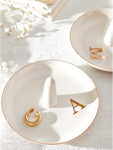 Ceramic Initials Jewelry Tray Ring Dish With Personalized V-Monogrammed Engagement Wedding Gifts, for Birthday Mother's Day for Women, Ceramic White 4.7" x2.4" - style: V