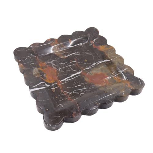 Square Marble Decorative Tray with Scalloped Edge, Luxury Natural Stone Bathroom Vanity Tray, Dresser Top Perfume Coffee Home Kitchen Sink Tray, Key Trinket Ring - color: Black Golden