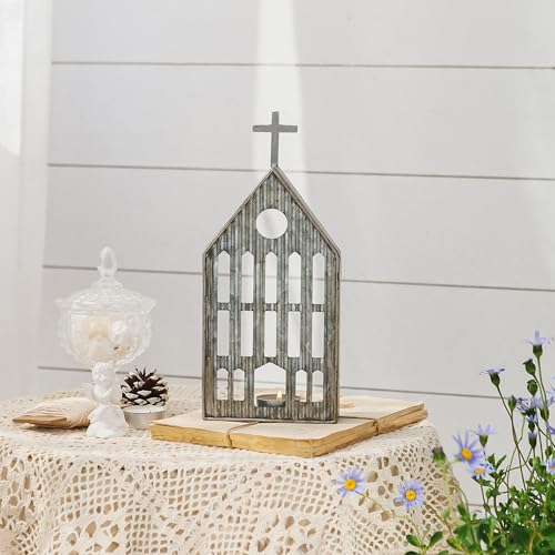 Church Shaped Tea Light Candle Holder Farmhouse Galvanized Metal Candle Holder Vintage Decorative Tealight Holder for Table Centerpiece Decoration - 4.53" x 1.97" x 10.43" - size: Church