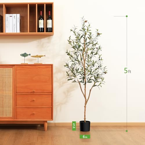 Kazeila Artificial Olive Tree 5FT Tall Faux Silk Plant for Home Office Decor Indoor Fake Potted Tree with Natural Wood Trunk and Lifelike Fruits - size: 5ft