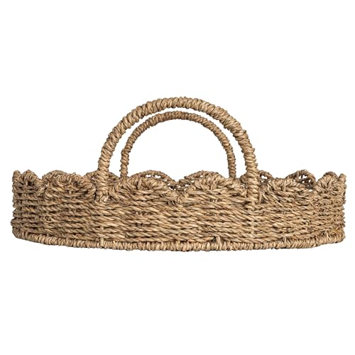 Household Essentials Round Handwoven Seagrass Tray with Scalloped Edge and Handles, Natural - color: Natural Seagrass, size: 14"