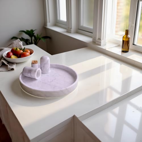 Carrara White Marble Tray Round 10 Inch, Natural Stone Perfume & Dessert Tray, Elegant Serving & Display Plate for Home, Vanity, 2 cm Deep, Non-Slip Base - color: White Carrara