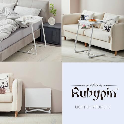 Rubypin Multifunctional TV Tray Table – Adjustable Folding Table for Bed & Sofa with Cup Holder, 6 Height Settings & 3 Tilt Angles (White)