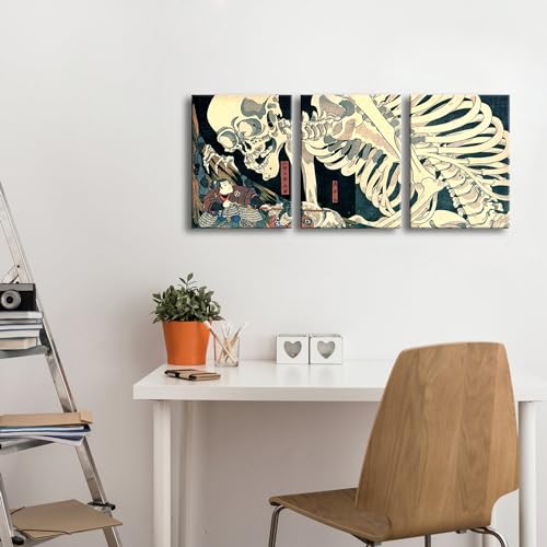 Wieco Art 3 Piece Witch and Skeleton Ukiyo-E by Utagawa Takiyasha Historic Cultural Illustrations for Living Room Bedroom Home Decorations Landscape Artwork - color: Witch and Skeleton, size: 12 x 16 inches (Unframed)