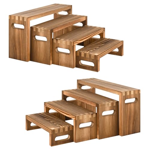 8 Pcs Wood Risers Display Stands, 2 Set Wooden Risers for Table Display, 4 Tier Rectangular Riser Display Stand Wooden for Cupcake, Desserts, Perfume, Collections, Jewelry Showcase