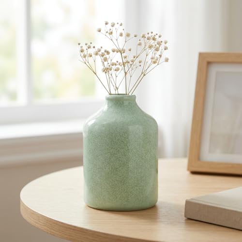 Sunddo Green Ceramic Vase for Pampas Grass - 7 Inch Modern Flower Vases Home Decor, Minimalist Decorative Vase for Living Room, Fireplace, Mantel Decor, End Table, Shelf Decoration - color: Green, size: 7 inch