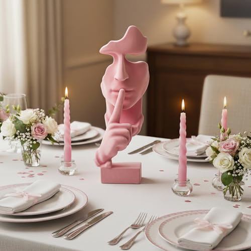 Velvet Flocked Thinker Sculpture for Bookshelf Decor, Flocked Mask Collectible Figurines Modern Abstract Art Statue Spring Decor for Home, Office, Desk Decor (Pink) - color: Nospeak-pink